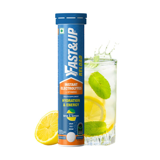 Fast&Up Reload Low Sugar energy drink for Instant Hydration- 20 Effervescent Tablets with all 5 Essential Electrolytes + Added Vitamins -Certified Electrolytes Drink- Lime and Lemon flavour