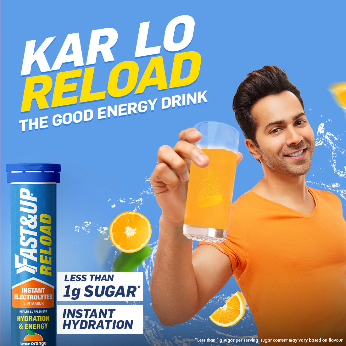 Fast&Up Reload Low Sugar energy drink for Instant Hydration - 20 Effervescent Tablets with all 5 Essential Electrolytes + Added Vitamins - Certified Electrolytes Drink - Orange flavour