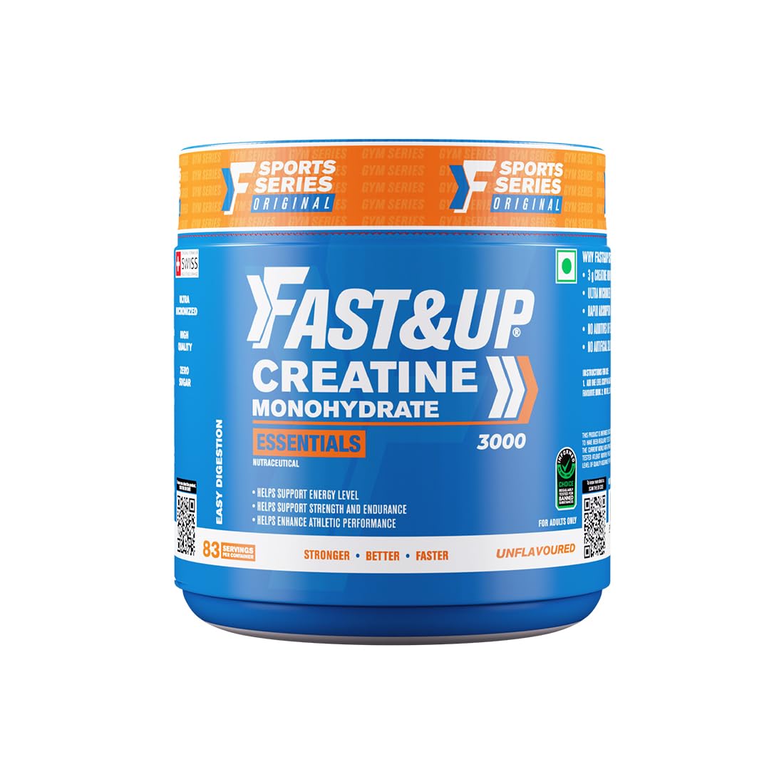 Fast&Up Creatine Monohydrate Powder | 100% Pure Micronized Creatine Supplement for Muscle Growth, Strength & Recovery | Unflavoured Creatine Powder, 250g (83 Servings)
