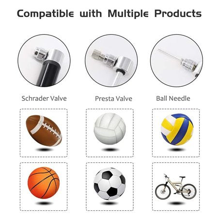 Compatibility chart showing a pump needle compatible with multiple sports balls and inflating valves, including Schrader Valve, Presta Valve, and Ball Needle. The chart features icons of a football, volleyball, volleyball with yellow, basketball, soccer ball, and bicycle.