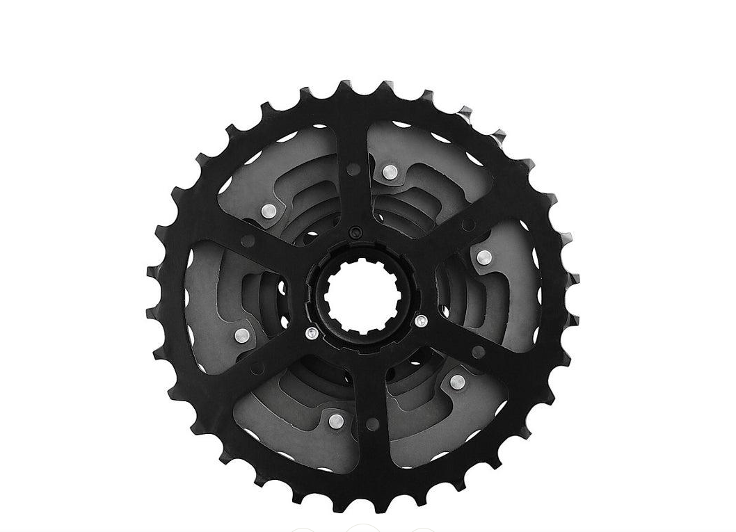 A black bicycle cassette cog on a solid white background.