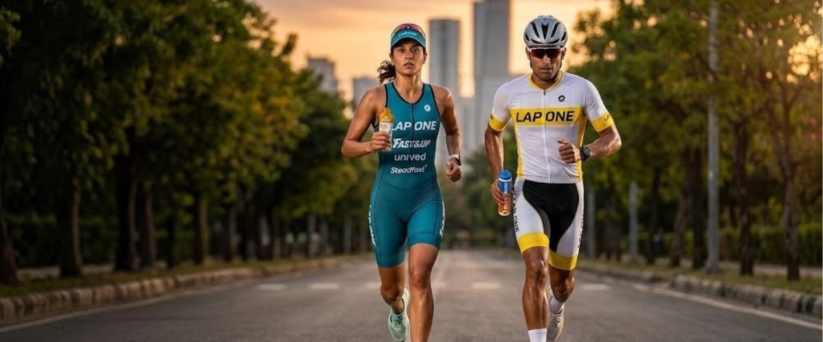 Two LAP ONE athletes running on a tree-lined road during a sunset, one in a teal triathlon suit and one in a white and yellow cycling jersey.