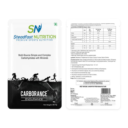 Steadfast Nutrition Carborance Endurance supplement package with branding and nutritional information.