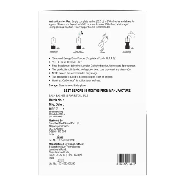 Back label of a supplement package with text and icons on a white background