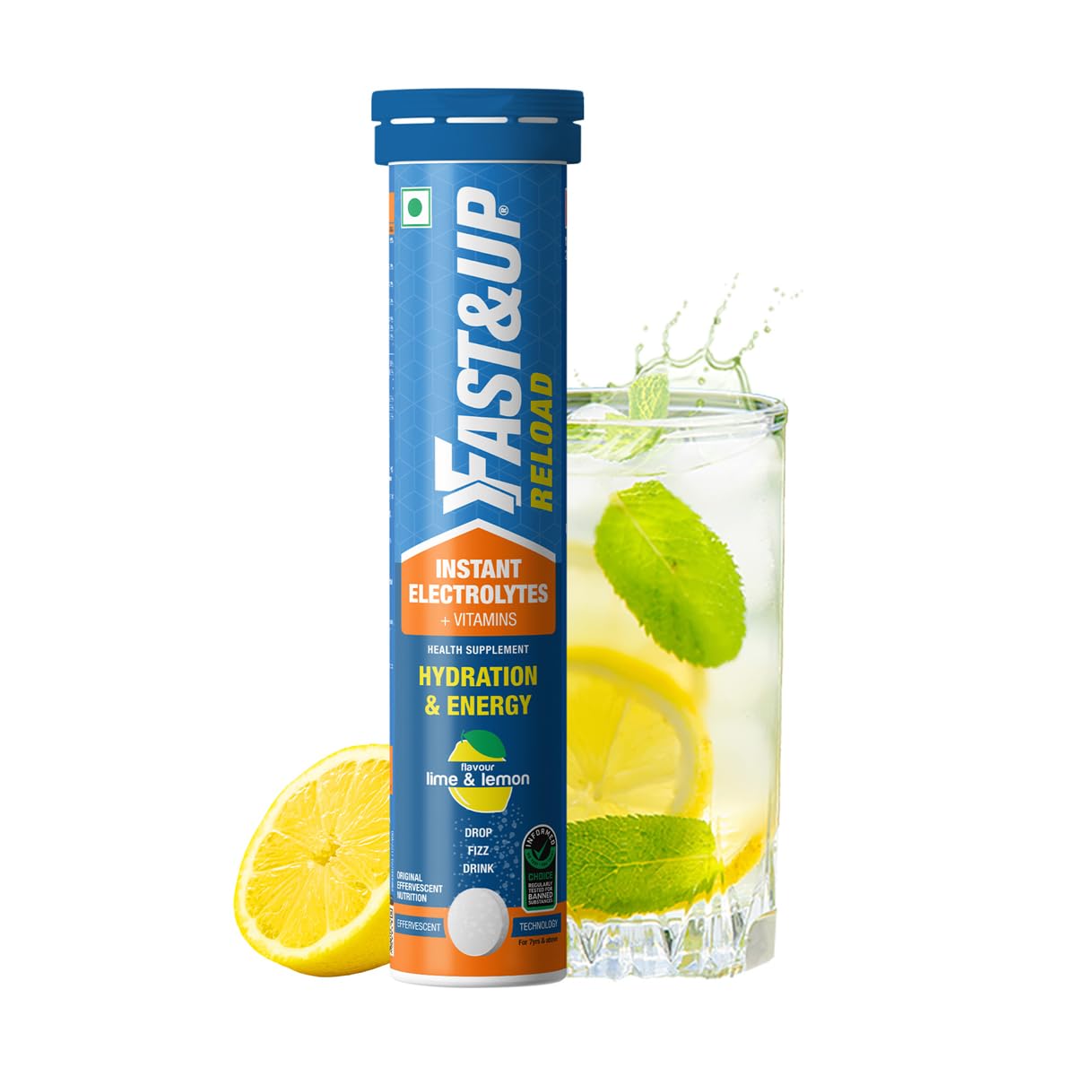 Fast&Up Reload Low Sugar energy drink for Instant Hydration- 20 Effervescent Tablets with all 5 Essential Electrolytes + Added Vitamins -Certified Electrolytes Drink- Lime and Lemon flavour