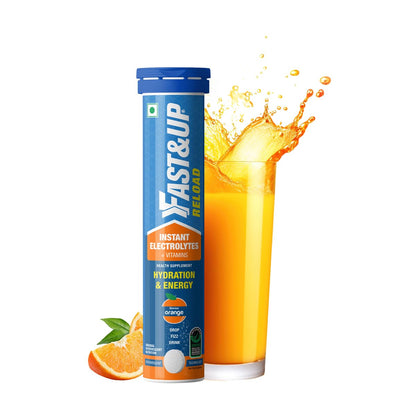 Fast&Up Reload Low Sugar energy drink for Instant Hydration - 20 Effervescent Tablets with all 5 Essential Electrolytes + Added Vitamins - Certified Electrolytes Drink - Orange flavour