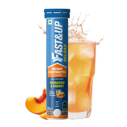 Fast&Up Reload Low Sugar energy drink for Instant Hydration- 20 Effervescent Tablets with all 5 Essential Electrolytes + Added Vitamins -Certified Electrolytes Drink- Peach Ice Tea Flavour