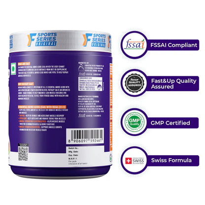 A purple and white tub of Sports Series Ultimate powder supplement shown from the back, with four circular badge graphics on the right reading FSSAI Compliant, Fast&Up Quality Assured, GMP Certified, and Swiss Formula.