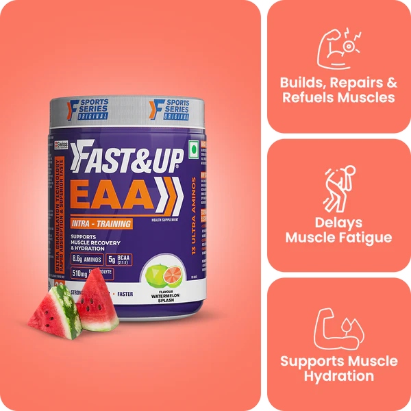 A tub of FAST & UP EAA sports supplement powder shown on a coral background with three feature callouts on the right. The product label is dark purple with orange and white text, and watermelon slices are placed in front.