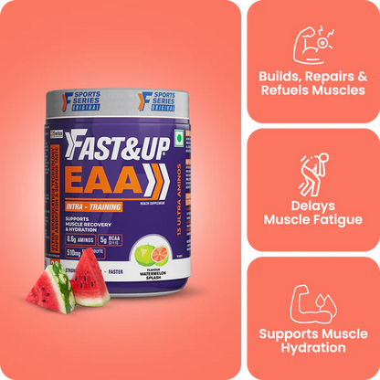 A tub of FAST & UP EAA sports supplement powder shown on a coral background with three feature callouts on the right. The product label is dark purple with orange and white text, and watermelon slices are placed in front.