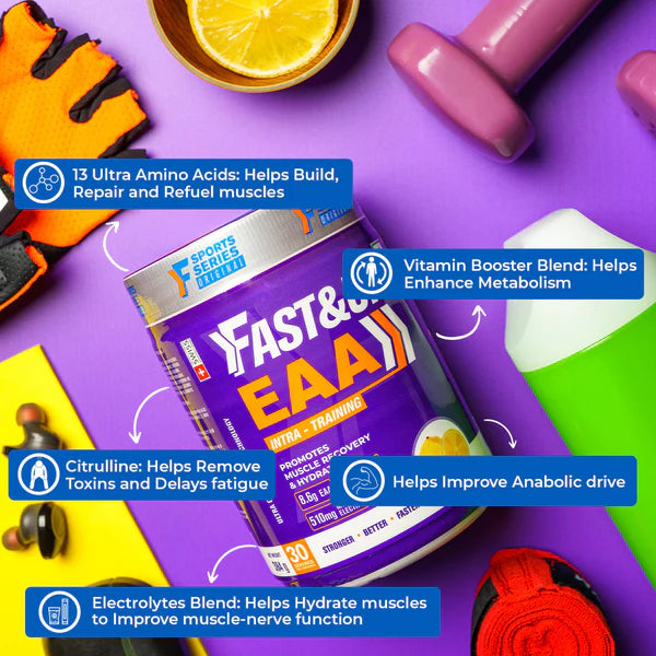 Fast & Fit EAA supplement package on a purple background with fitness equipment.