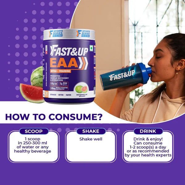 Fast&Up EAA supplement container with a woman drinking from a blue scoop, and text on how to consume the product.