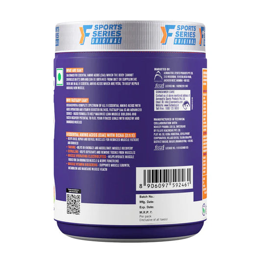 A tub of FNS Sports Series Elite protein powder shown from the back label, featuring a purple body, white lid, and detailed text and barcode on a white background.