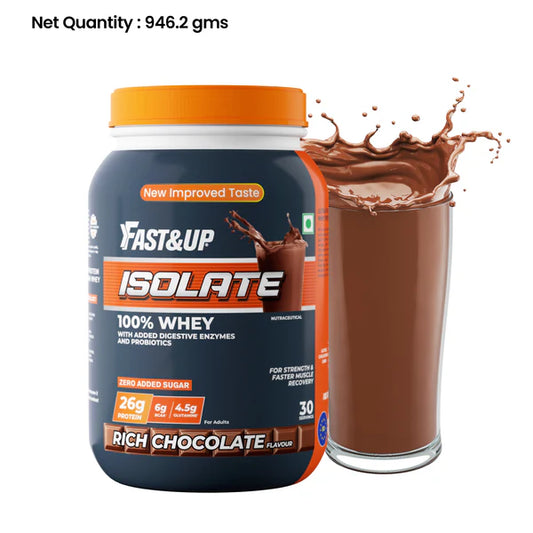 Fast&Up Isolate 100% Whey protein powder container with a glass of chocolate milk on a white background