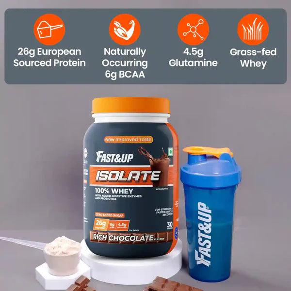 Fast&Up Isolate protein powder container with a blue shaker on a gray background