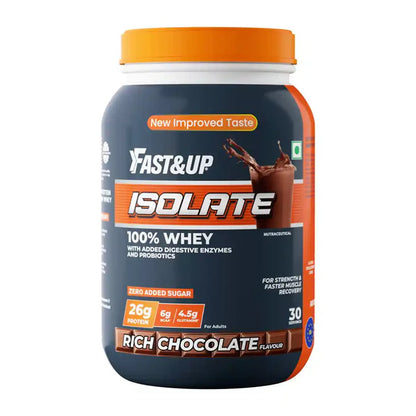 Fast&Up Isolate 100% Whey protein powder container with orange and blue design on a white background