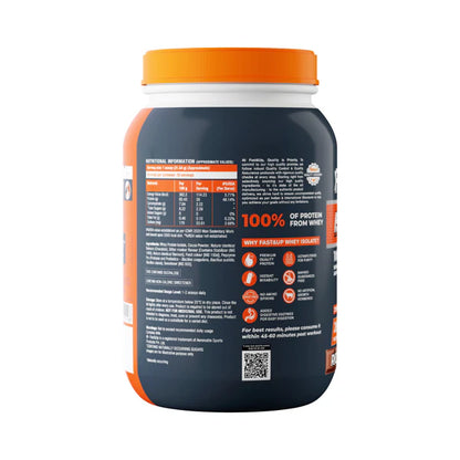 Protein powder container with orange lid and label on a white background