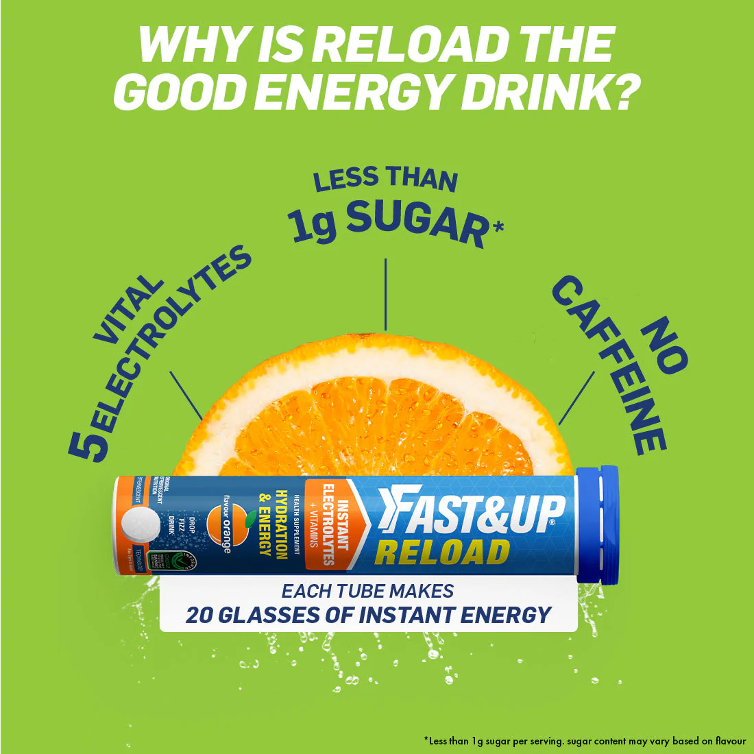 Fast&Up Reload Low Sugar energy drink for Instant Hydration - 20 Effervescent Tablets with all 5 Essential Electrolytes + Added Vitamins - Certified Electrolytes Drink - Orange flavour