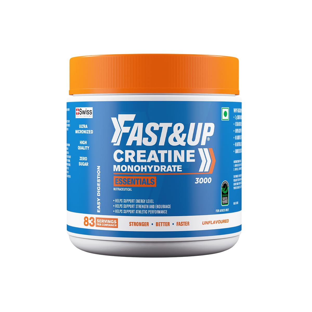 Fast&Up Creatine Monohydrate Powder | 100% Pure Micronized Creatine Supplement for Muscle Growth, Strength & Recovery | Unflavoured Creatine Powder, 250g (83 Servings)