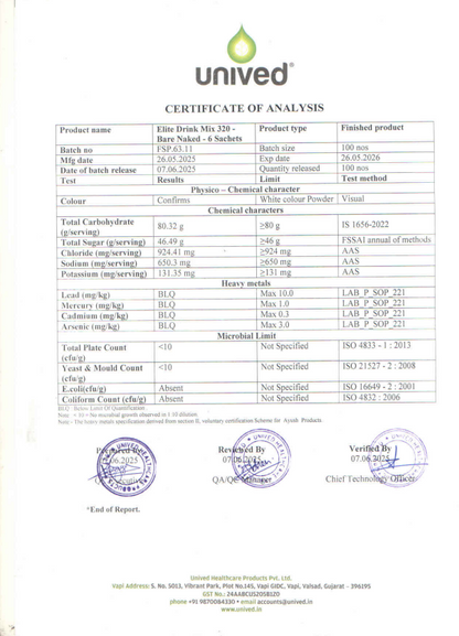 Unived Elite Drink Mix 320 Bare Naked Box of 6