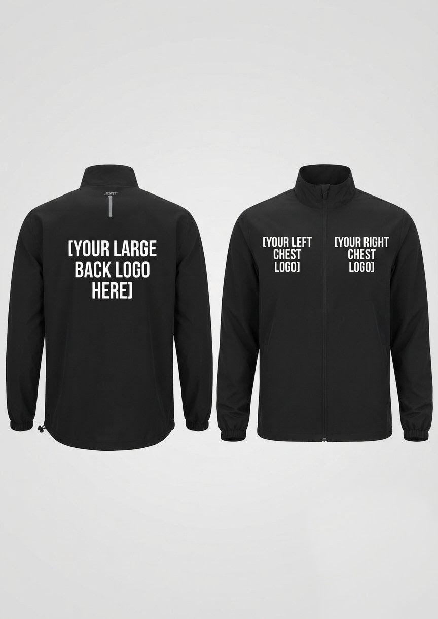 Two black zip-up jackets shown on a light gray background, displaying front and back mockup areas with white placeholder text for custom logos.