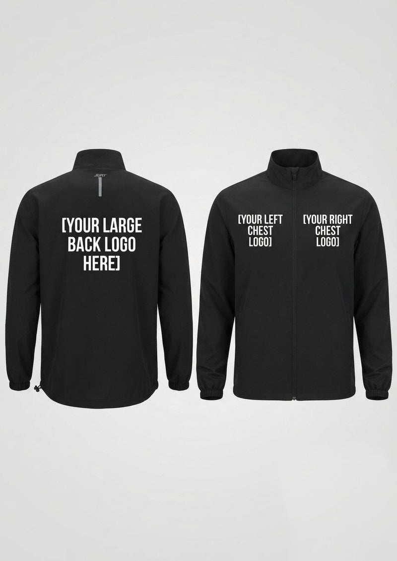 Two black zip-up jackets shown on a light gray background, displaying front and back mockup areas with white placeholder text for custom logos.
