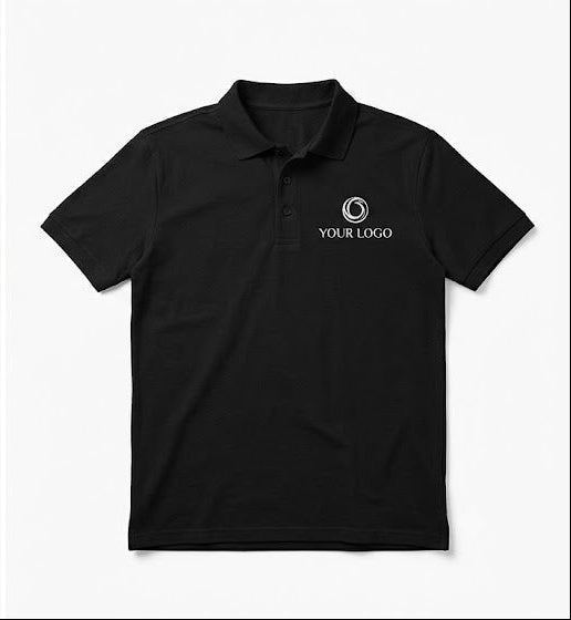 black short-sleeve polo shirts shown side by side on a light gray background, each with a small white circular logo and the text 'YOUR LOGO' on the left chest.
