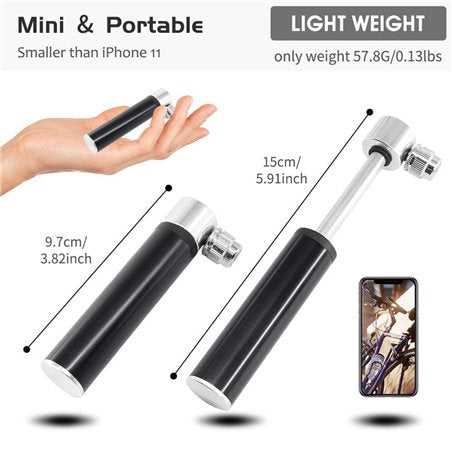 A black and silver bicycle pump shown with text callouts for size and weight, including a hand holding the mini portable pump, dimension lines showing 15cm length and 9.7cm diameter, and a smartphone inset.