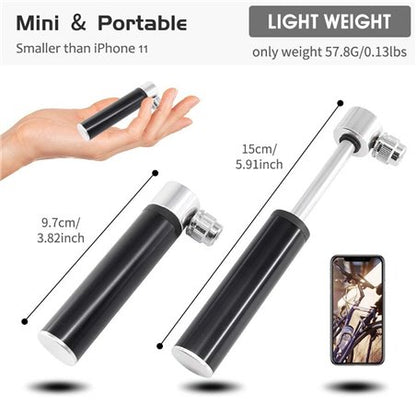 A black and silver bicycle pump shown with text callouts for size and weight, including a hand holding the mini portable pump, dimension lines showing 15cm length and 9.7cm diameter, and a smartphone inset.