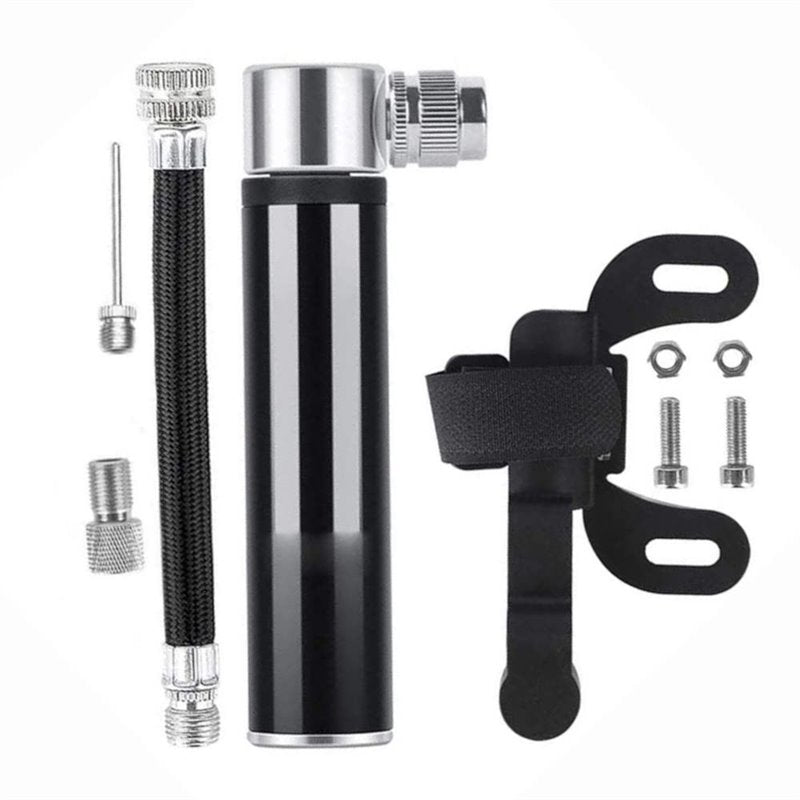 A portable bicycle air pump kit with a black cylindrical pump body, silver metal fittings, a black strap and mounting bracket, plus small mounting screws and nuts, shown on a plain white background.