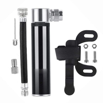 A portable bicycle air pump kit with a black cylindrical pump body, silver metal fittings, a black strap and mounting bracket, plus small mounting screws and nuts, shown on a plain white background.
