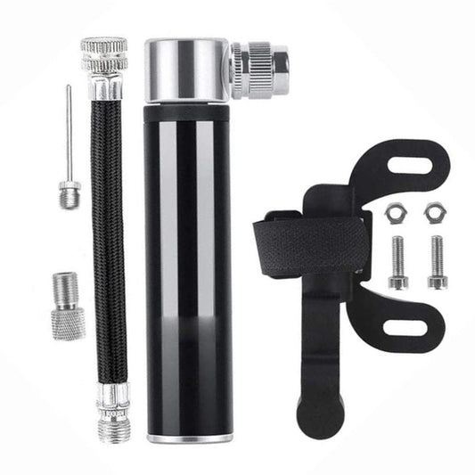 A portable bicycle air pump kit with a black cylindrical pump body, silver metal fittings, a black strap and mounting bracket, plus small mounting screws and nuts, shown on a plain white background.