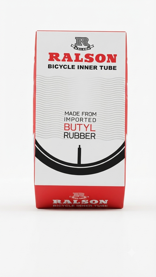 A box of Ralson Bicycle Inner Tube, featuring a white and red design with black text and graphics, set against a plain white background.